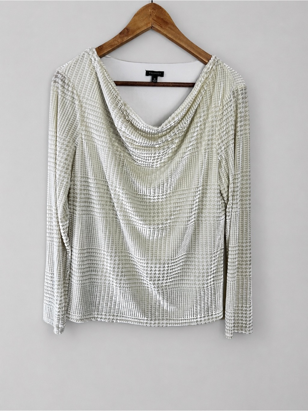 Talbots HOUNDSTOOTH VELVET BURNOUT COWLNECK TOP Size Medium Cream Green